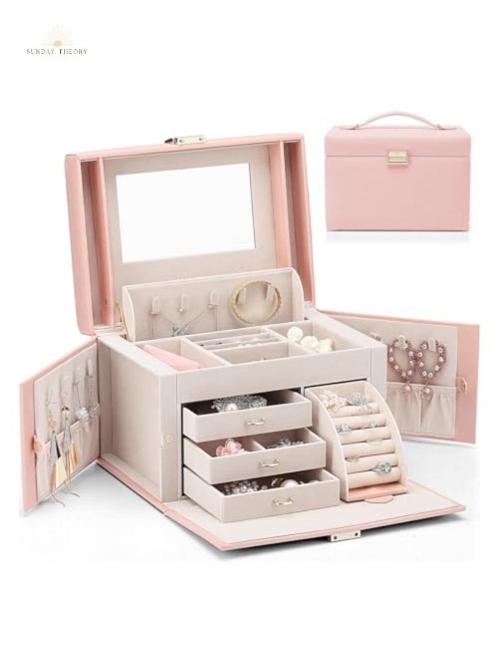 Mirrored Jewelry Box Organizer Faux Leather 3-Layer Necklace Ring Earring